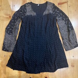 Free People Dreamy Daze Mini Dress Black Paisley Bell Sleeve Boho Tunic Size S